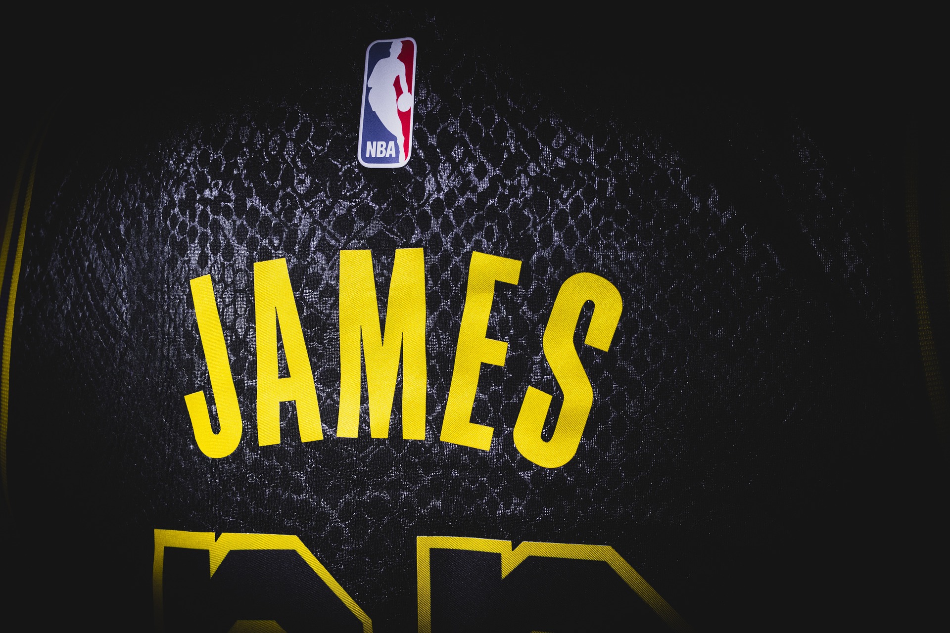 The back of an official LeBron James jersey, showing his name and the top half of his number