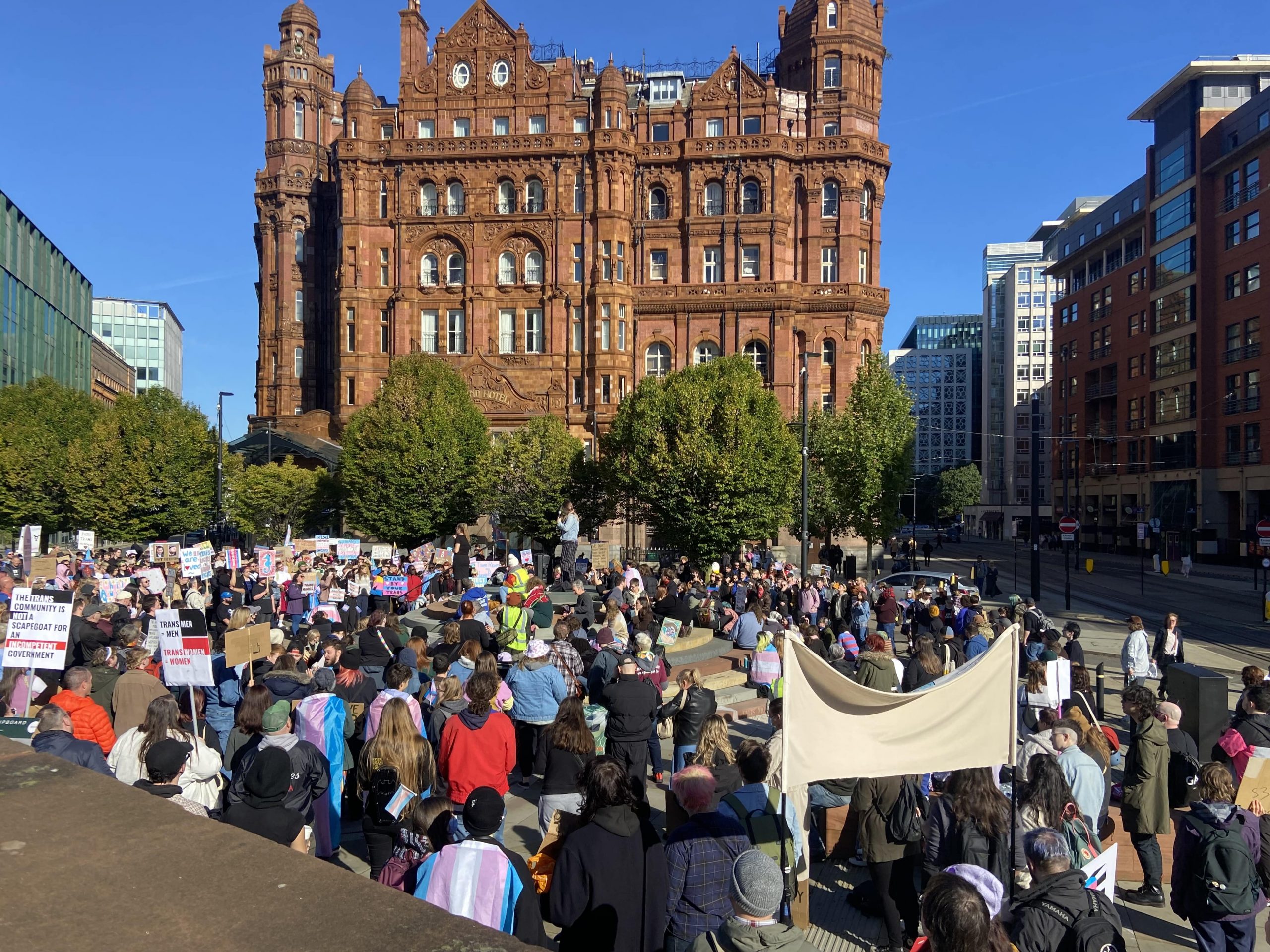 Protestors gathered in Manchester to show their support for the trans community. Image credit Poppy Smart.